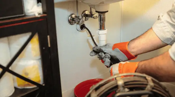 Drain cleaning technician using a motorized plumbing snake to clear a clogged sink pipe in Tempe, AZ